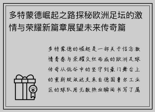 多特蒙德崛起之路探秘欧洲足坛的激情与荣耀新篇章展望未来传奇篇