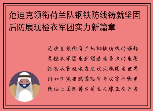 范迪克领衔荷兰队钢铁防线铸就坚固后防展现橙衣军团实力新篇章